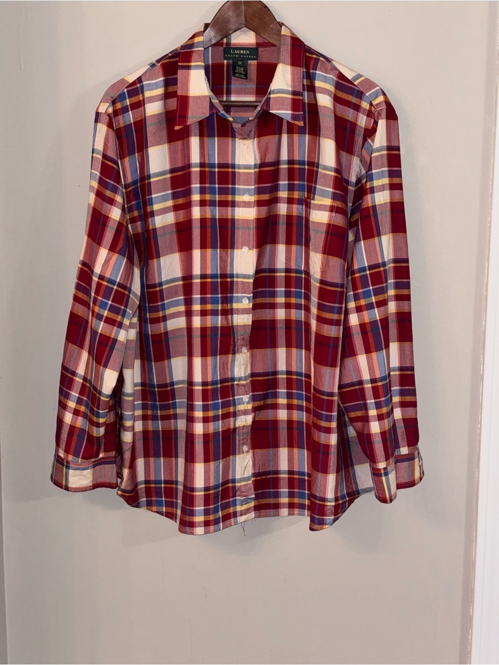 Lauren Ralph Lauren button down shirt with vibrant plaid. 100% silk, 3X.